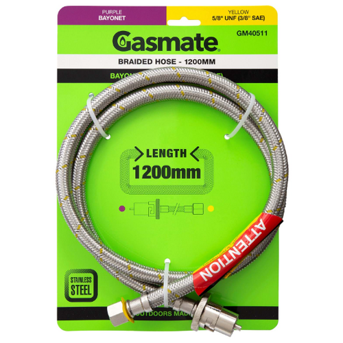 GASMATE BRAIDED HOSE - 1200MM - BAYONET TO 5/8" UNF (3/8" SAE)