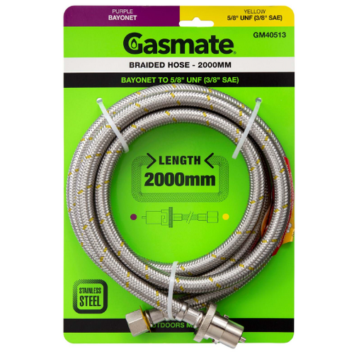 GASMATE BRAIDED HOSE - 2000MM - BAYONET TO 5/8" UNF (3/8" SAE)