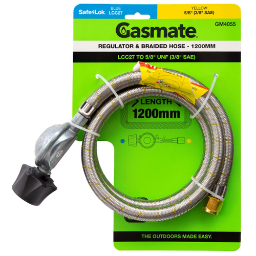 GASMATE REGULATOR & BRAIDED HOSE - 1200MM - LCC27 TO 5/8" UNF (3/8" SAE)