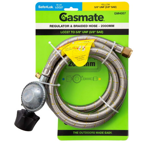 GASMATE REGULATOR & BRAIDED HOSE - 2000MM - LCC27 TO 5/8" UNF (3/8" SAE)