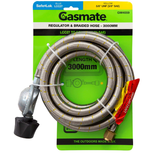 GASMATEE REGULATOR & BRAIDED HOSE - 3000MM - LCC27 TO 5/8" UNF (3/8" SAE)