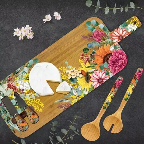 LP Bamboo Large Serving Platter with matching Cheese Knives - Spring Bouquet Design